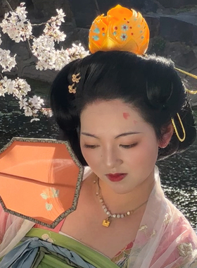 大萌制仿唐凤冠3d打印质感金色花苞造型宝石发冠汉服女发饰