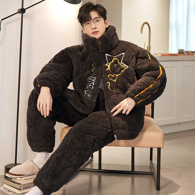 睡衣冬天男款超厚三层夹棉2025新款加厚加绒男士法兰绒家居服套装,淘宝优惠券,粉丝福利购,淘宝优惠卷