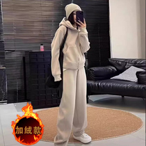 American Lazy Wind Sweater Suit Womens Winter Plus Suede Thickened New Pop Fried Street Display Slim Casual Sports Two Sets