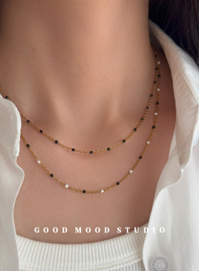 GMS缪斯 黑色串珠滴胶钛钢项链女欧美时尚小众细链锁骨链颈链叠戴