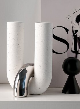 贝汉美轻奢创意简约U型交叉花瓶摆件客厅玄关电视柜磨砂陶瓷花器