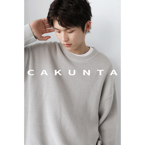 CAKUNTA 坑条纹理厚实有型，粗针纺织宽松毛衣 套头落肩袖针织衫 - 图0