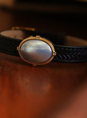 925纯银日系复古马贝皮质手环