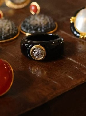 天然黑玛瑙太阳神阿波罗银币戒指