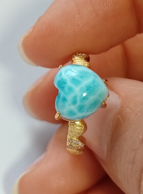 925银镀金海纹石爱心戒指