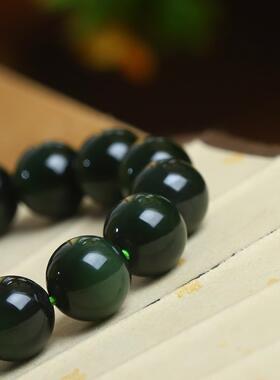 不议价俄罗斯和田玉碧玉高冰12mm黑猫眼圆珠单圈手链手串45g