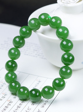 （古晨珠宝）俄罗斯和田玉果阳绿碧玉圆珠手串手链42g11+mm