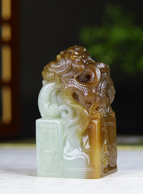 （古晨珠宝）新疆和田玉且末糖白玉生肖龙印章手把件手玩167g