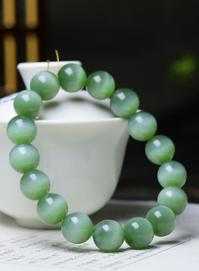 （古晨珠宝）俄罗斯和田玉粉青猫眼碧玉圆珠手串手链45g12mm