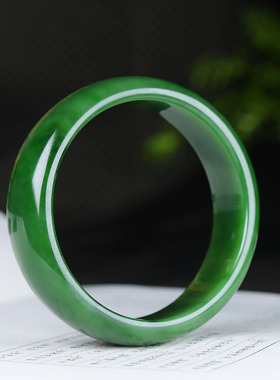 （古晨珠宝）俄罗斯和田玉菠菜绿碧玉宽版手镯女款玉镯82g61mm