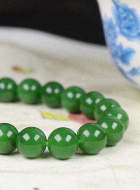 （古晨珠宝）俄罗斯和田玉粉绿碧玉圆珠手串手链29g10mm