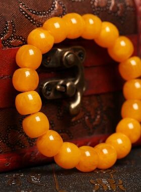 【附证书】蜜蜡手串真品天然俄料白花老型手串鸡油黄琥珀桶珠手链