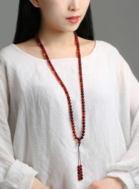 精选缅甸血丝珀108颗蜜蜡佛珠 多圈男女款圆珠手链琥珀项链天然