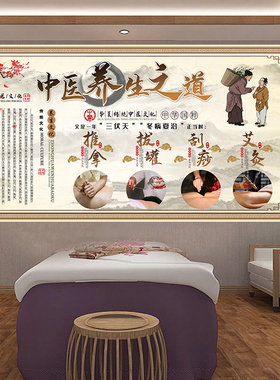中医理疗养生文化艾灸推拿精油开背按摩刮痧拔罐采耳背景画装饰画