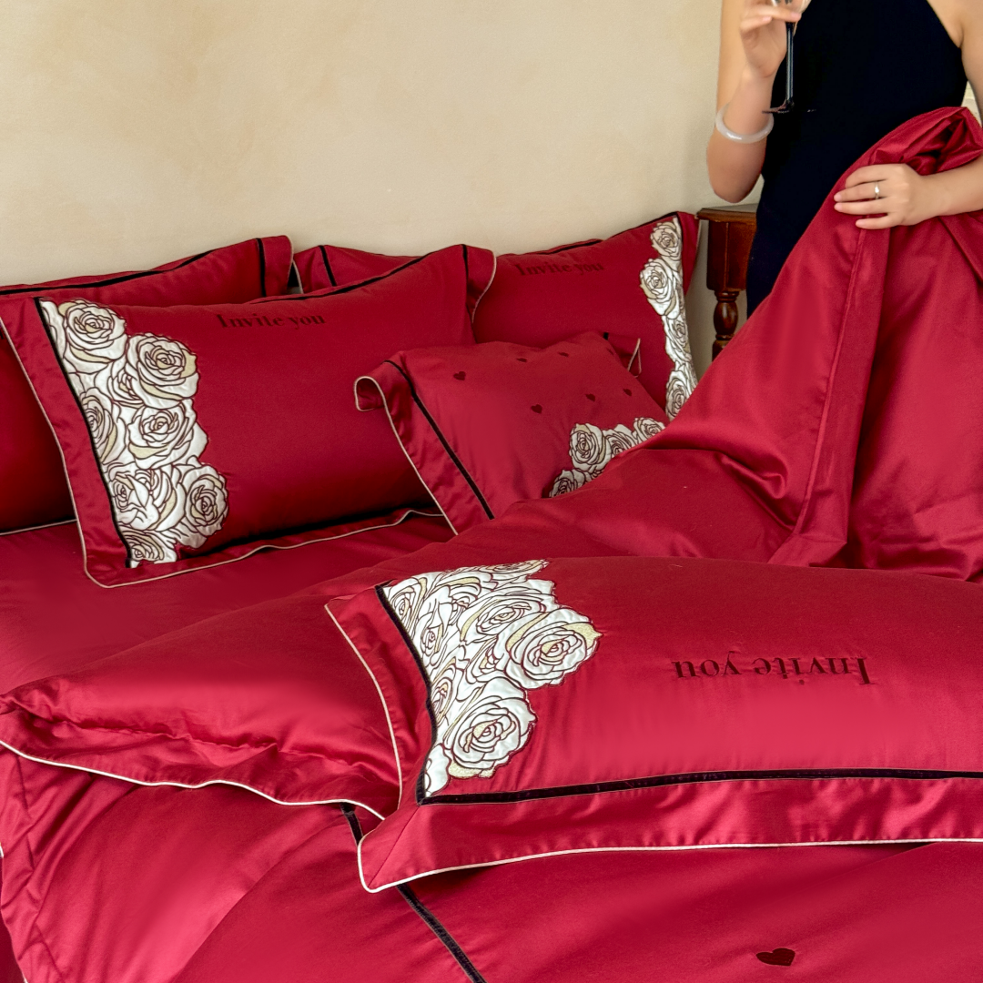 浪漫玫瑰100S长绒棉全棉结婚四件套刺绣蝴蝶结纯棉被套新婚庆床品,淘宝优惠券,粉丝福利购,淘宝优惠卷