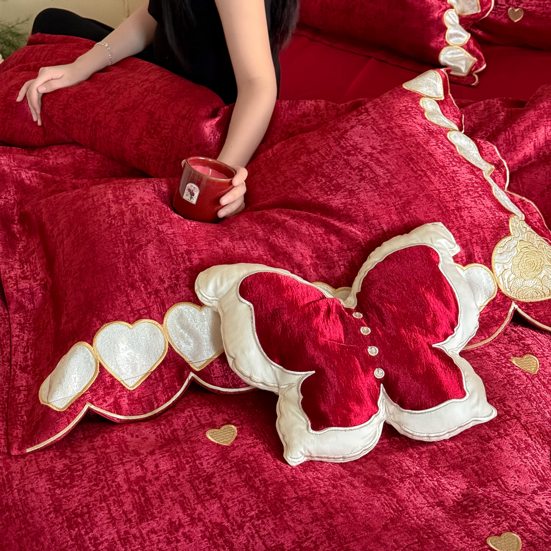 少女心浪漫爱心柔丝棉全棉结婚四件套红色贴布绣被套床单婚庆床品,淘宝优惠券,粉丝福利购,淘宝优惠卷