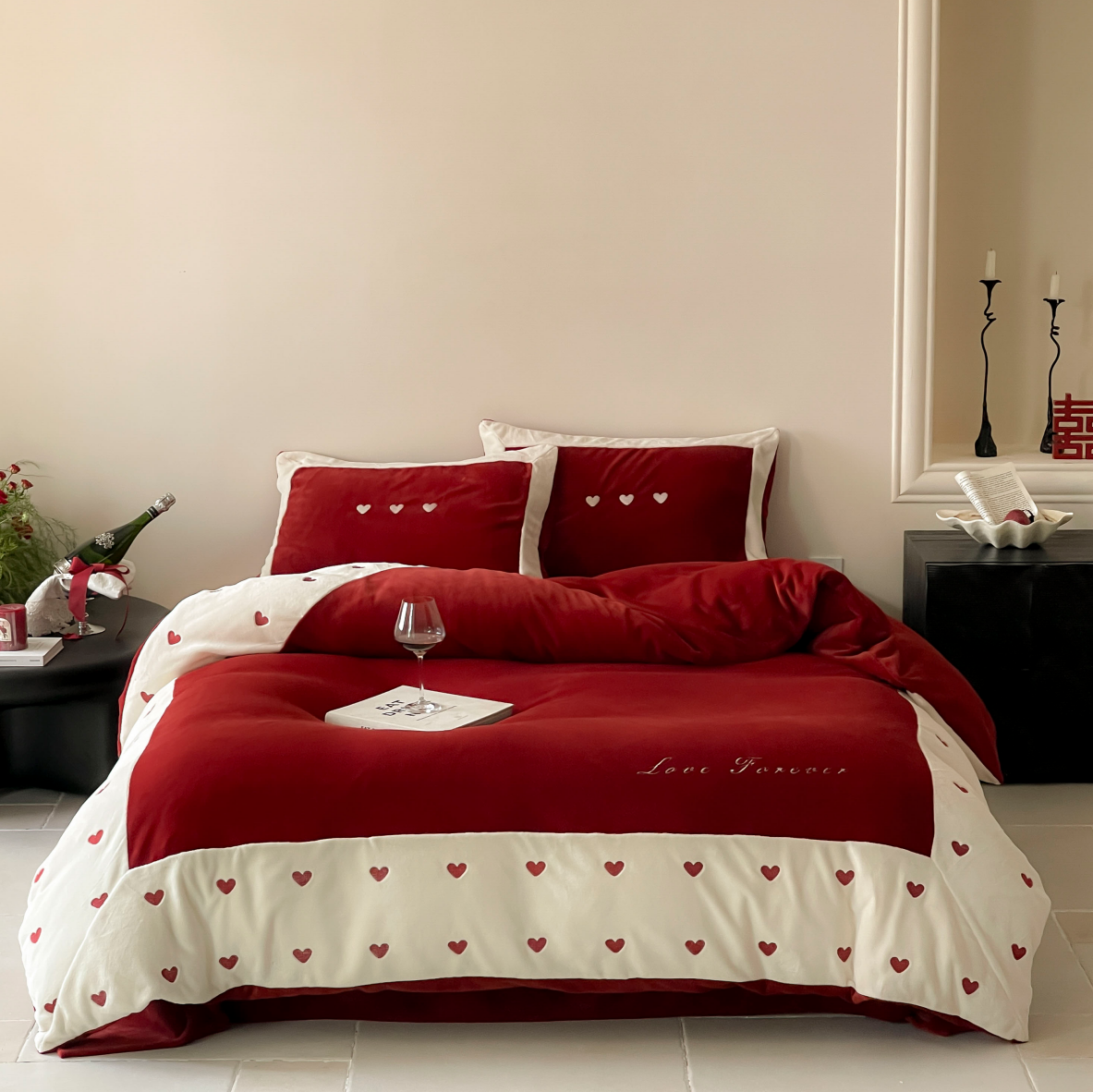 秋冬季浪漫爱心刺绣牛奶绒婚庆四件套加厚保暖结婚红色喜被套床笠 - 图3