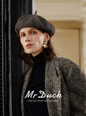 mrduck复古人字纹羊毛混纺贝雷帽