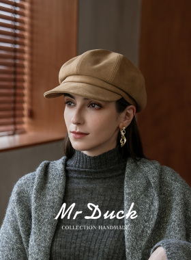 mrduck新款秋冬羊反绒报童帽女