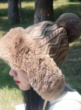 帽子女士秋冬套头帽三毛球可爱加绒加厚雪山防寒保暖纯色针织帽子