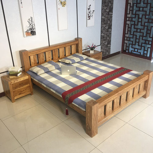 鲁班一木榆木实木床现代简约单人床1.8 1.5米双人卧室主卧床家具 - 图0