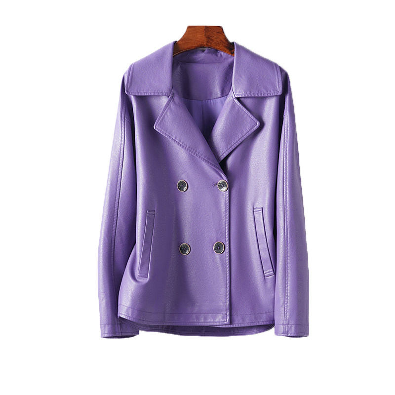 皮衣女真皮外套常规翻领双排扣韩版宽松皮夹克春秋新款海宁绵羊皮,淘宝优惠券,粉丝福利购,淘宝优惠卷