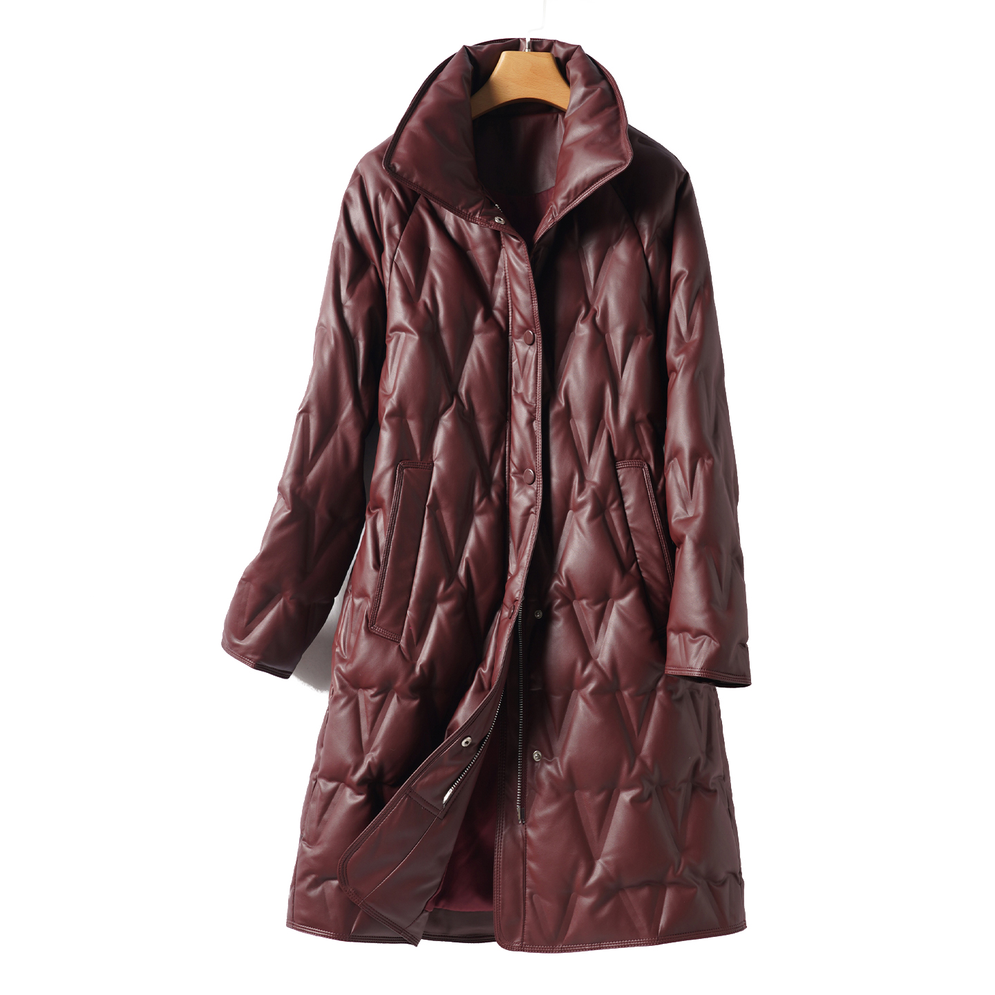 海宁真皮羽绒服女士中长款红色气质90白鸭绒皮外套冬新款绵羊皮衣 - 图3