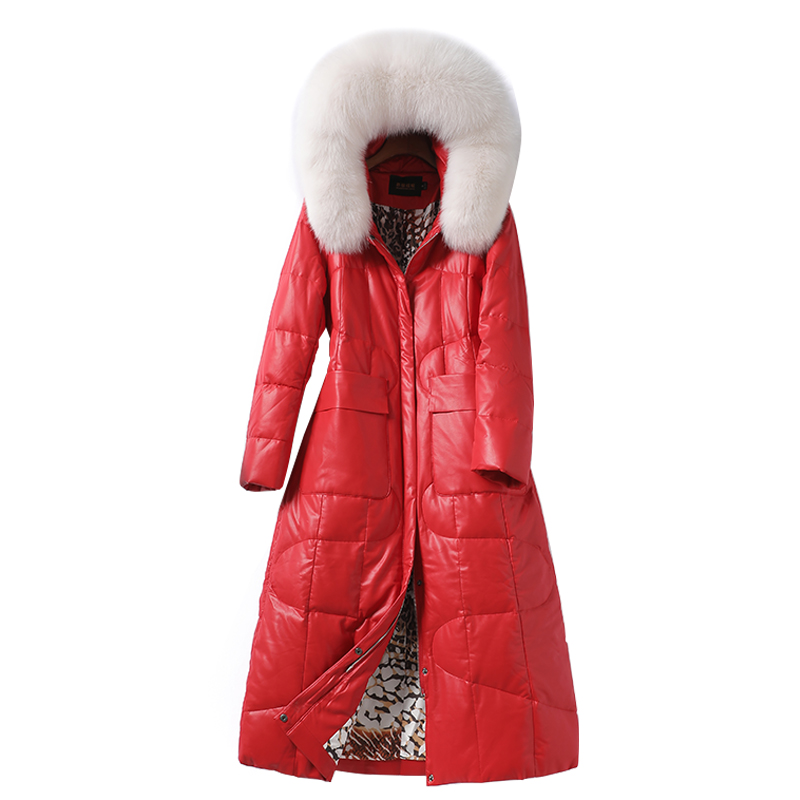 真皮衣女中长款大红气质连帽狐狸毛领新款绵羊皮外套皮羽绒服,淘宝优惠券,粉丝福利购,淘宝优惠卷