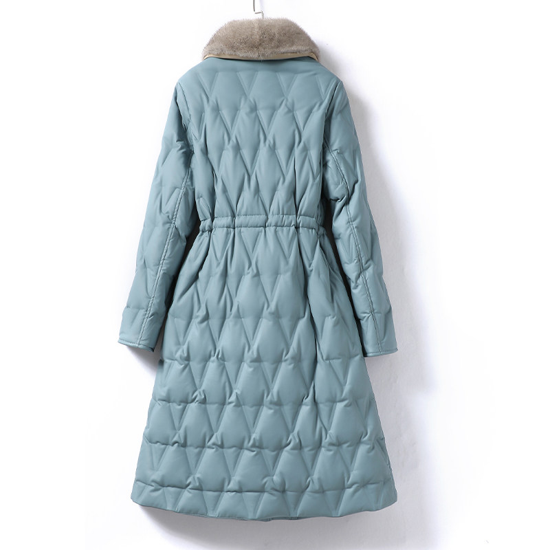 皮衣女真皮外套中长款系带收腰水貂毛领气质羽绒新款白鸭绒绵羊皮,淘宝优惠券,粉丝福利购,淘宝优惠卷