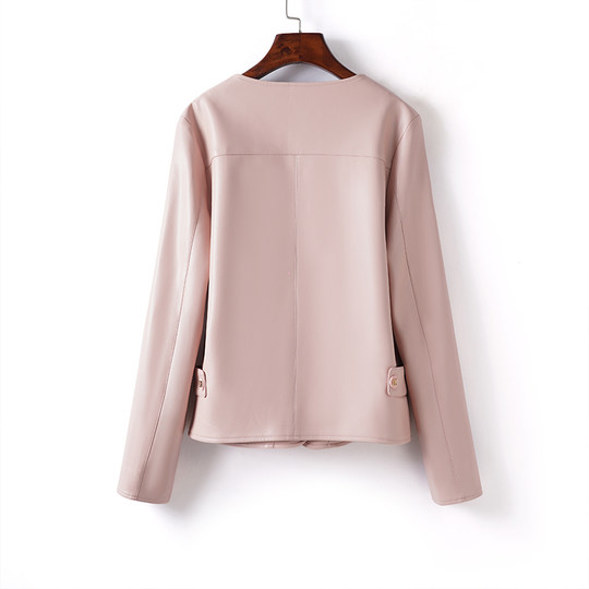 海宁皮夹克女真皮外套短款圆领粉色减龄绵羊皮秋冬新款皮衣小个子