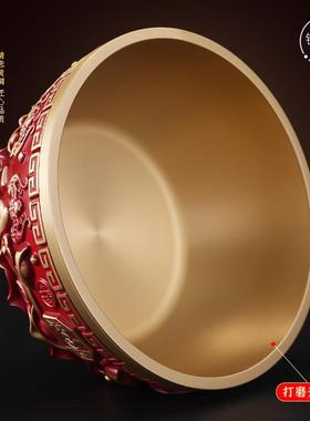 黄铜红色聚宝盆招财聚财铜缸纯黄铜米缸水晶摆件结婚送新人礼品