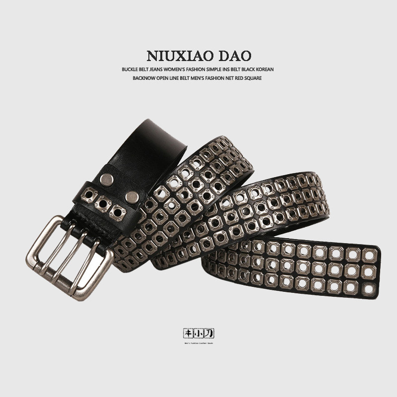 重工铆钉真皮腰带头层牛皮皮带男女士针扣嘻哈朋克风个性潮流装饰,淘宝优惠券,粉丝福利购,淘宝优惠卷
