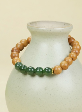 新疆和田玉碧玉手链单珠8毫米女士手链本命年手串桃木手链手串