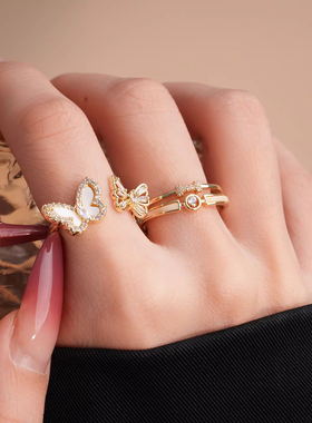 轻奢蝴蝶锆石贝母开口戒指可调