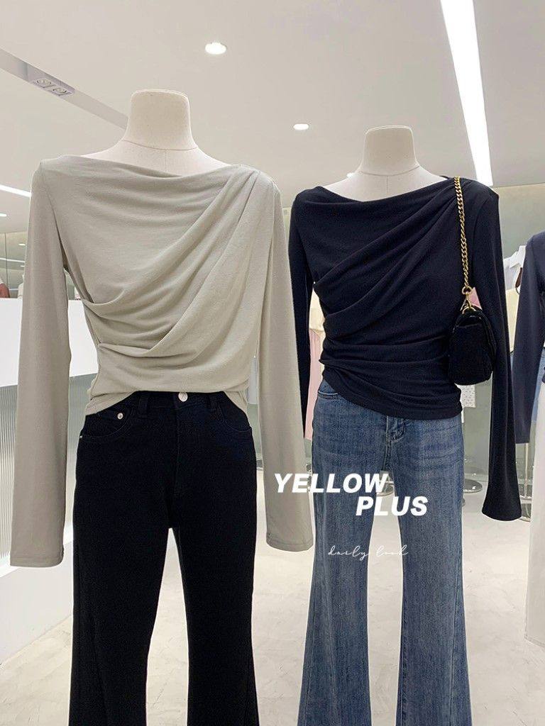 法意小调 私服款!高级感气质一字领褶皱设计长袖t恤女秋修身显瘦,淘宝优惠券,粉丝福利购,淘宝优惠卷