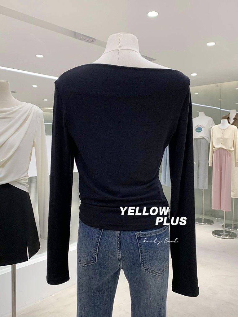 法意小调 私服款!高级感气质一字领褶皱设计长袖t恤女秋修身显瘦,淘宝优惠券,粉丝福利购,淘宝优惠卷