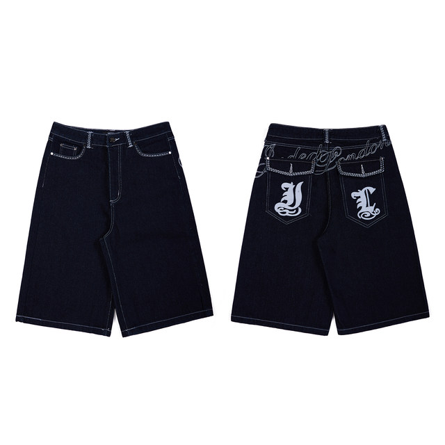 American Retro Hot Girl ສີຟ້າເຂັ້ມຂາຊື່ Jeans 7 ຈຸດ