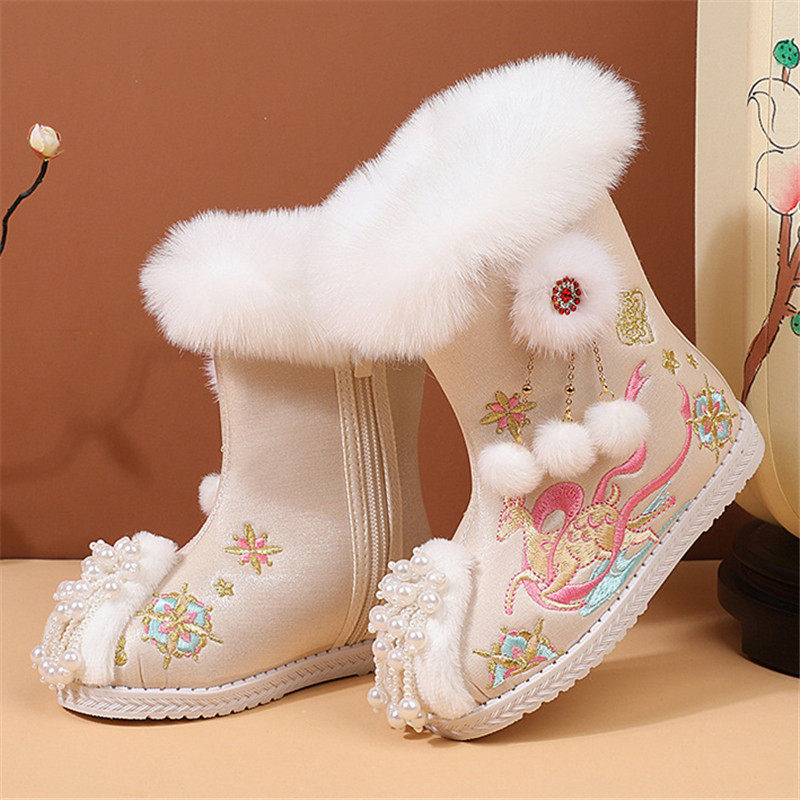 冬季加厚女童汉服鞋配拜年服女童鞋中国风红色儿童绣花鞋保暖棉鞋,淘宝优惠券,粉丝福利购,淘宝优惠卷