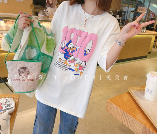 兔美善韩国代购女装 春季新品 甜美粉数字唐老鸭宝宝卡通T恤 特 - 图0