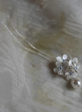 S925纯银无尽夏花簇绣球花珍珠吊坠项链优雅高贵轻奢感花朵锁骨链