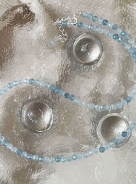 夏天小清新天然海蓝宝项链女S925纯银蓝色系手工串珠锁骨链