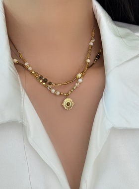 25年秋冬vintage中古金欧美风金属复古设计师款天然石叠戴项链ins