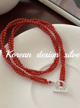 韩系小众设计ins风饰品 S925纯OT扣双层缠绕红玛瑙碎项链高级感女