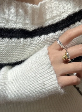 贰.叁S925纯银异形时尚撞色小金豆戒指复古韩国博主热推小众指环