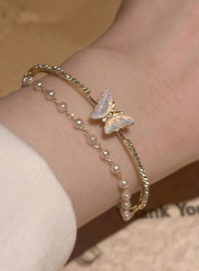 甜美复古极光蝴蝶珍珠手镯