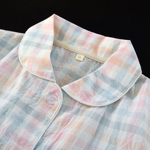 夏季三件套睡衣女短袖薄款水洗棉2025新款开衫格子100%全棉家居服 - 图0