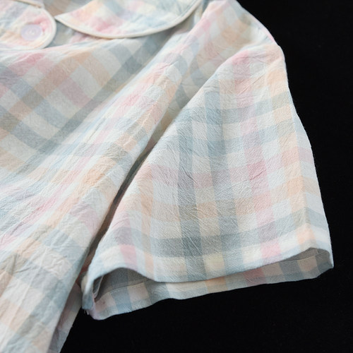 夏季三件套睡衣女短袖薄款水洗棉2025新款开衫格子100%全棉家居服 - 图1