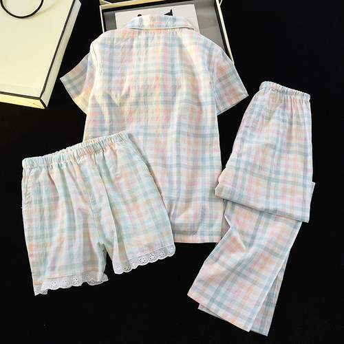 夏季三件套睡衣女短袖薄款水洗棉2025新款开衫格子100%全棉家居服 - 图3