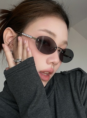 珍珠椭圆无框金属老钱风墨镜女潮