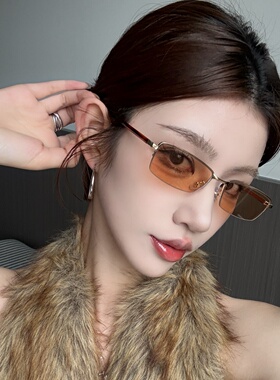 老钱风金属半框茶色小脸墨镜女